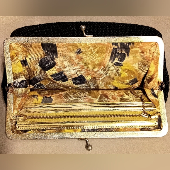 Vintage JR Fabric Wool Tweed Woven Black Purse Clutch Gold Pattern Lining - Picture 2 of 9